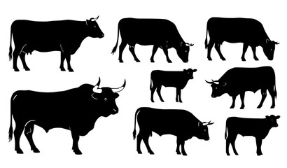 Farm Cow and Bull Animal Silhouette Vector Illustration Set