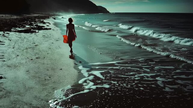 Seaside Serenity: A solitary figure, bathed in the soft glow of twilight, strolls along the shoreline, carrying an orange item, as the ocean waves gently caress the sandy beach.