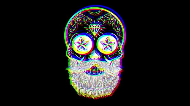 Animated bearded skull decorated with sugar skull patterns, stars in eyes, and a diamond on the forehead, featuring a vibrant digital glitch effect on a black background.