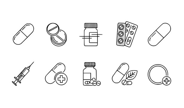 Minimal thin line pills and medication icon set for web, app, and health vector design