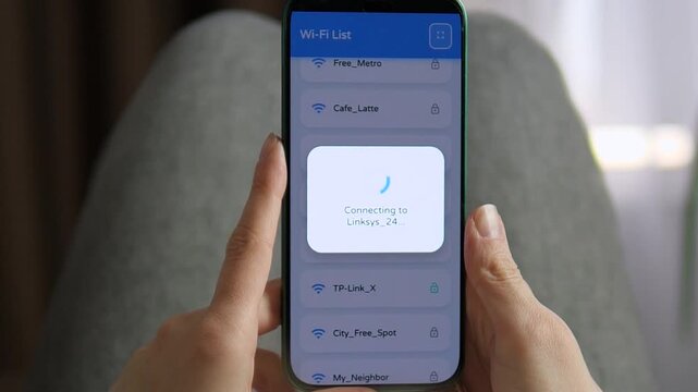 Modern Wi-Fi list interface on a smartphone screen. A person selects a network, showing the transition from a connecting state to a failed connection alert. Ideal for software testing, mobile UI or UX