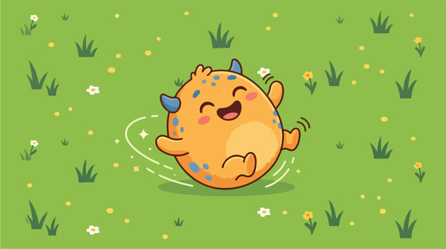 Cute Orange Monster Rolling Joyfully in a Grassy Field.