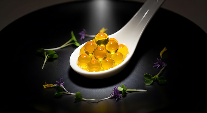 Olive oil caviar pearls on spoon, molecular gastronomy