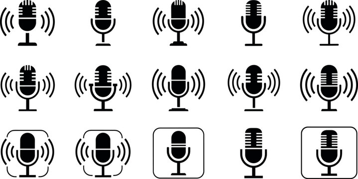 Microphone with sound waves icon set for audio recording and broadcasting, podcast mic symbols collection for radio, voice communication, music, and media production