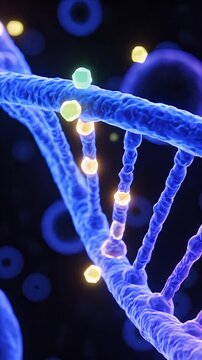 Abstract CGI animation representing epigenetic modification with a blue glowing DNA helix and colorful molecules interacting in a dark medical background with glowing cell-like spheres and subtle