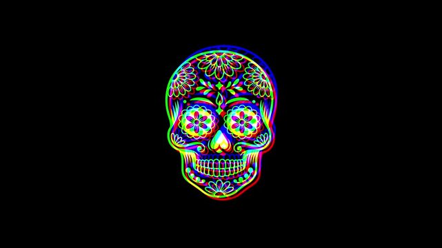 Intricately detailed sugar skull with ornate floral patterns and a small cross on the forehead, featuring a vibrant digital glitch effect on a solid black background.