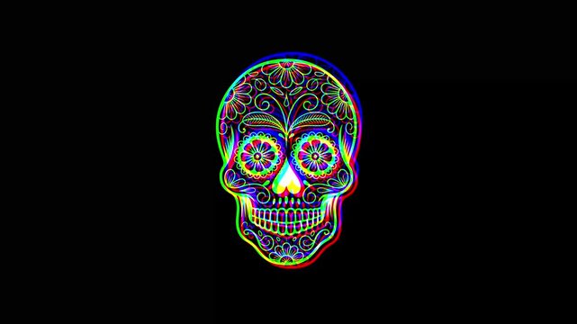 Intricately detailed sugar skull with ornate floral patterns and a small cross on the forehead, featuring a vibrant digital glitch effect on a solid black background.