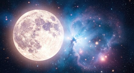 Naklejka premium Celestial Canvas: The luminous full moon, suspended in the cosmic tapestry of space, shines alongside distant stars.