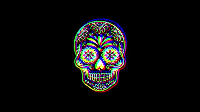 Intricately detailed sugar skull with ornate floral patterns and a small cross on the forehead, featuring a vibrant digital glitch effect on a solid black background.