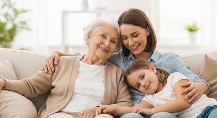 Obraz premium Generations of Love: A heartwarming moment of intergenerational connection, with a grandmother, mother, and daughter sharing a close embrace. Representing love, family values.