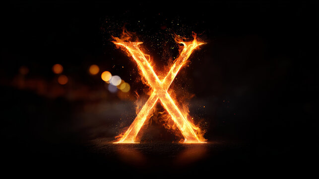 Flaming letter X forming from bright orange fire and sparks, glowing with energy on a dark background