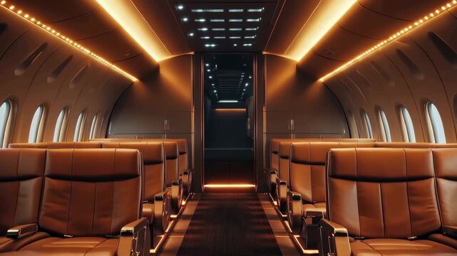 Luxury Airplane Interior: Capturing the exquisite elegance of a private jet interior, with rows of supple leather seats and soft, ambient lighting. Experience unparalleled comfort.