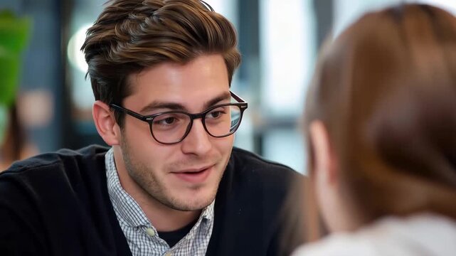 Candid Conversation: A thoughtful man wearing glasses engages in an animated dialogue with another person, capturing a moment of focused communication and connection.