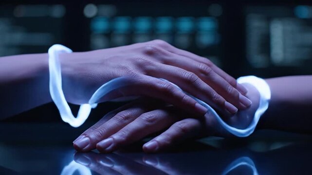 Close-up of two hands clasped together wearing futuristic glowing bracelets, symbolizing connection and technology