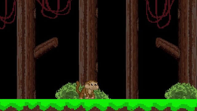 Pixel art style animation of a monkey jumping through a jungle with trees, art, vintage, black.