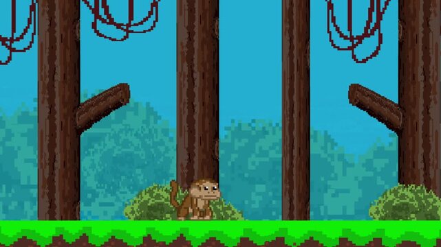 Pixel art style animation of a monkey jumping through a jungle with trees, art, vintage.