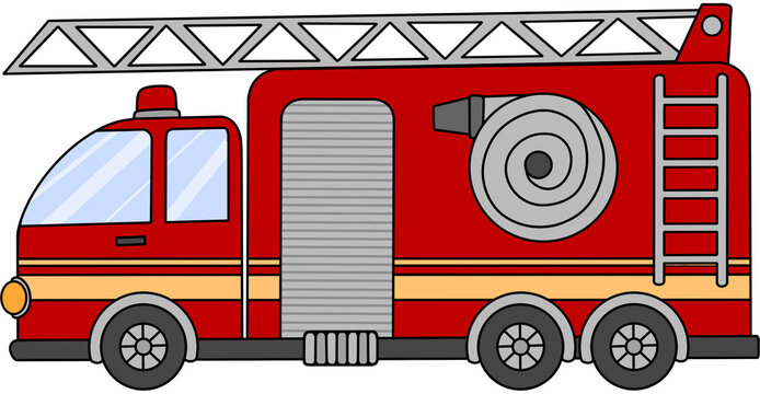 An illustration of a red fire truck in cartoon style, complete with a ladder and hose, symbolizing an emergency vehicle.