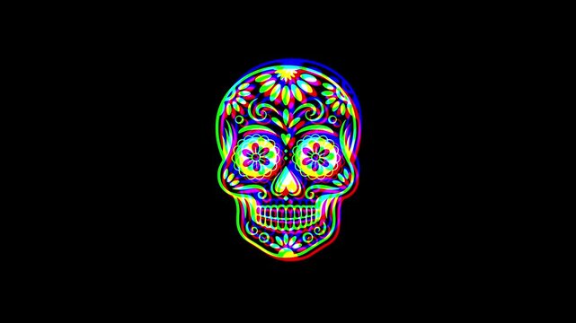 Intricately detailed sugar skull with ornate floral patterns and a small cross on the forehead, featuring a vibrant digital glitch effect on a solid black background.