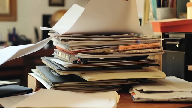Overflow of Paperwork: Close-up shot depicts a chaotic desk piled high with papers, suggesting the overwhelming nature of administrative tasks.