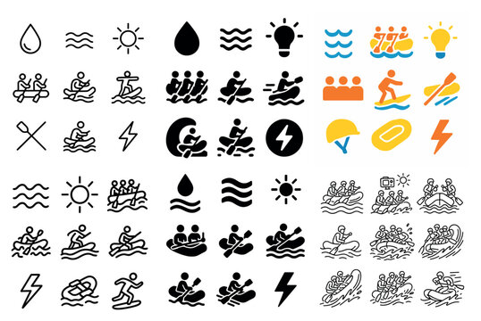 Water sports icons with raft paddle and wave flat
