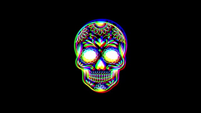 Intricately detailed sugar skull with ornate floral patterns and a small cross on the forehead, featuring a vibrant digital glitch effect on a solid black background.