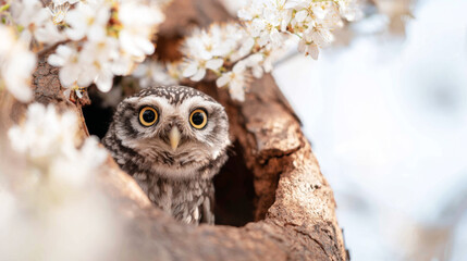 Fototapeta premium Small owl peeking from tree hollow with big yellow eyes, framed by delicate spring white blossoms