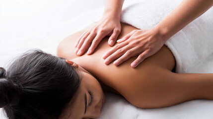 Hands performing a relaxing back massage on a woman, focusing on wellness therapy and spa treatment