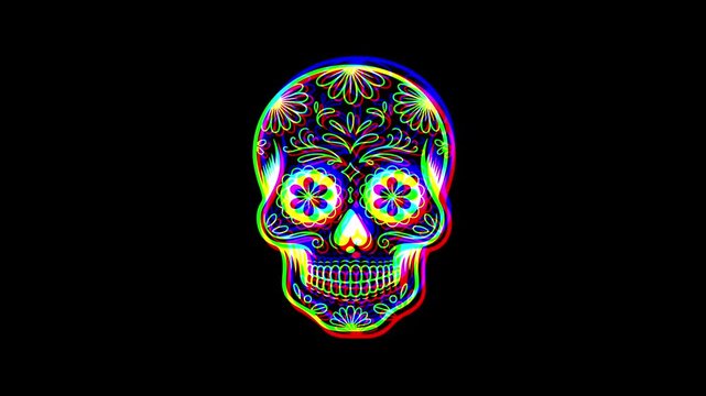 Intricately detailed sugar skull with ornate floral patterns and a small cross on the forehead, featuring a vibrant digital glitch effect on a solid black background.