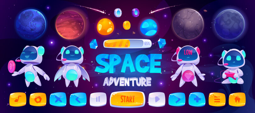 Space game UI kit with cartoon planets, robot characters and cosmic backgrounds. Mobile game asset collection with alien worlds, arcade buttons and galaxy interface elements for video game design.