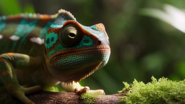 Chameleon with Brightly Colored Skin Resting on a Mossy Branch in Its Natural Habitat