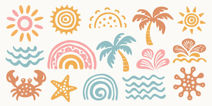 A collection of hand drawn summer and beach themed illustrations