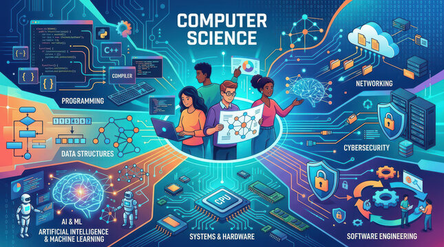 Computer Science Education Infographic Featuring Students and Diverse Tech Concepts