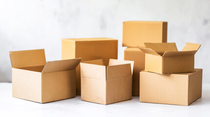 Fototapeta premium Cardboard boxes in various sizes, some open and some closed, ready for shipping or moving items