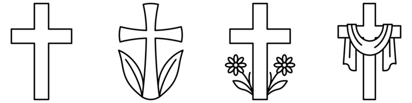 Set of linear Christian cross icons in an outline style on a white background. Vector illustration.