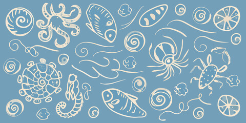 Stylized illustration of various marine life on a blue background © Rathindranath