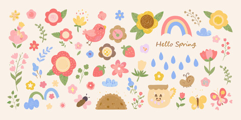 A cheerful spring illustration with flowers a rainbow and cute characters © Rathindranath