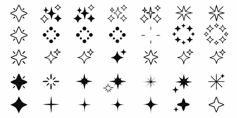 Collection of diverse black sparkle and star shaped graphic elements