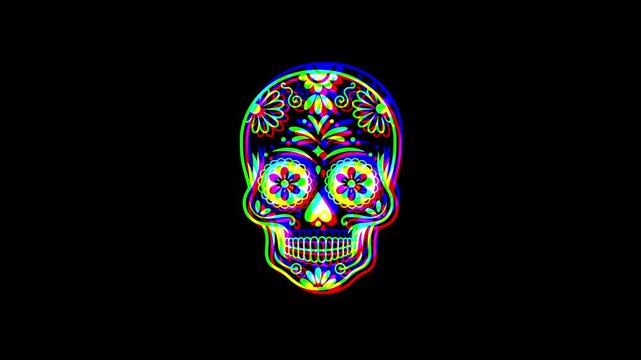 Intricately detailed sugar skull with ornate floral patterns and a small cross on the forehead, featuring a vibrant digital glitch effect on a solid black background.