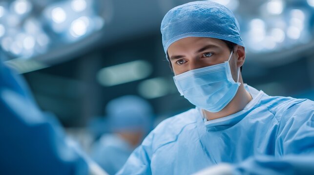 Surgeon performing laparoscopic sleeve gastrectomy procedure in a modern bariatric operating theater, perfect for surgical weight loss concept, bariatric procedure, obesity surgery, modern