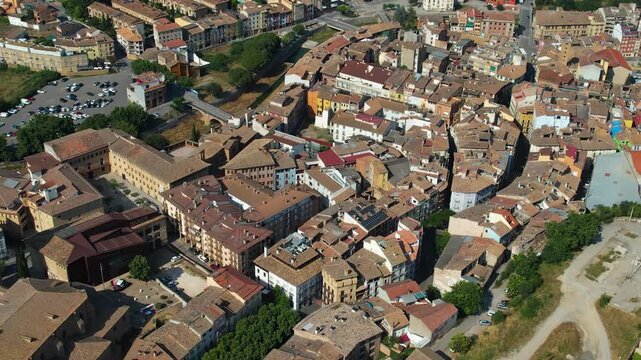 An Aerial panoramic view of the old town of the city  Barbastro on a sunny summer noon in Spain.