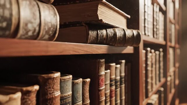 Antique Bookshelves Filled with Old LeatherBound Volumes in a Dimly Lit Library.