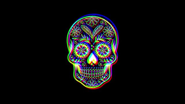 Intricately detailed sugar skull with ornate floral patterns and a small cross on the forehead, featuring a vibrant digital glitch effect on a solid black background.