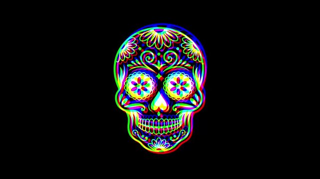 Intricately detailed sugar skull with ornate floral patterns and a small cross on the forehead, featuring a vibrant digital glitch effect on a solid black background.