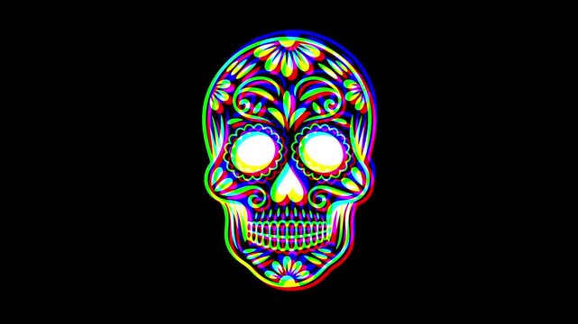 Intricately detailed sugar skull with ornate floral patterns and a small cross on the forehead, featuring a vibrant digital glitch effect on a solid black background.