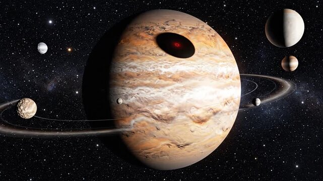 A large gas giant planet with a prominent red storm and numerous moons orbits in the vastness of space surrounded by other celestial bodies