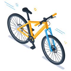 Fototapeta premium Colorful isometric bicycle illustration with yellow frame and blue fork. No editable stroke