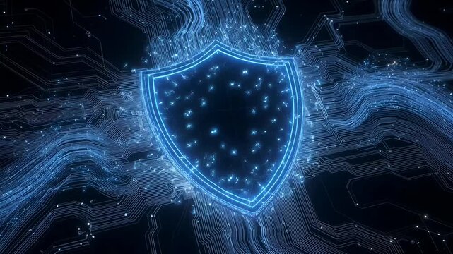 Digital Security Shield with Glowing Circuit Board and Data Streams, Concept of Cyber Protection and Network Safety