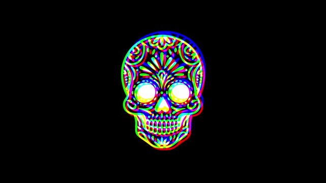 Intricately detailed sugar skull with ornate floral patterns and a small cross on the forehead, featuring a vibrant digital glitch effect on a solid black background.