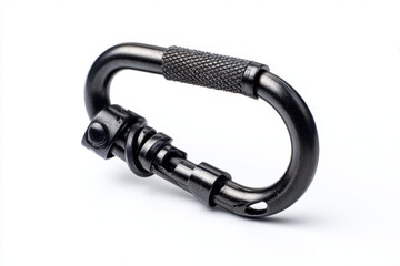 Black metal carabiner with textured grip for emergency and survival gear use, designed for secure attachment and reliable outdoor safety