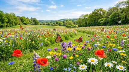 Vibrant spring meadow bursting with colorful wildflowers and delicate butterflies fluttering gracefully amidst lush green grass under a bright clear blue sky with fluffy © Hafiz